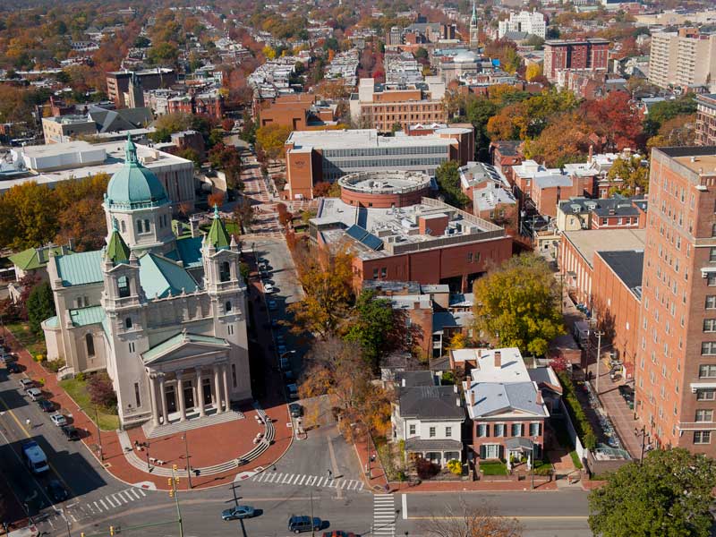 aerial view of the sacred heart cathedral and nearby buildings on the v.c.u. campus